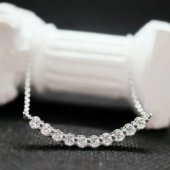 NEW 925 Sterling Silver Diamond Curve Bar Necklace - Picture 1 of 5